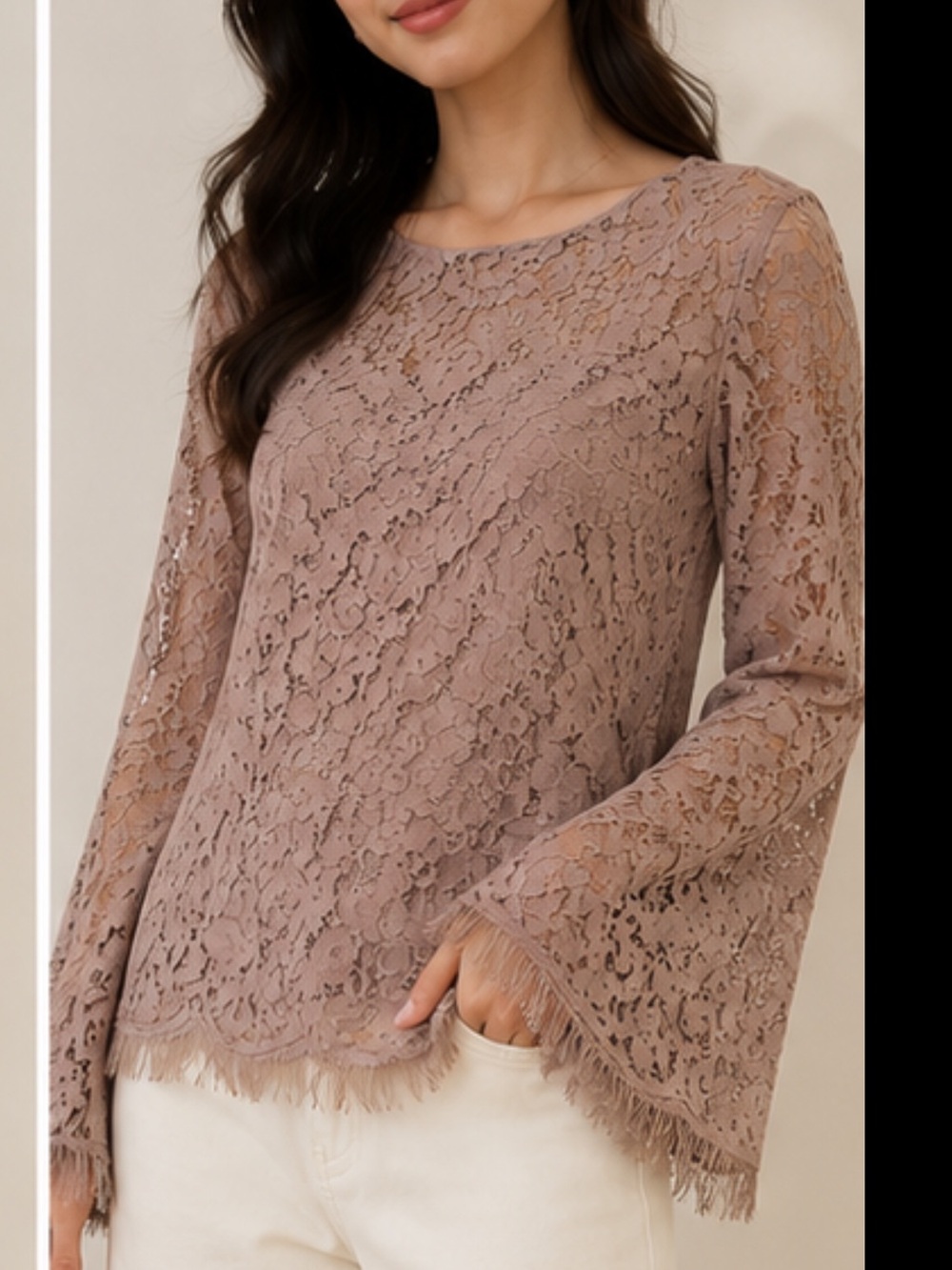 Rose & Olive Mauve Coquette Lace Bell-Sleeve Blouse Medium